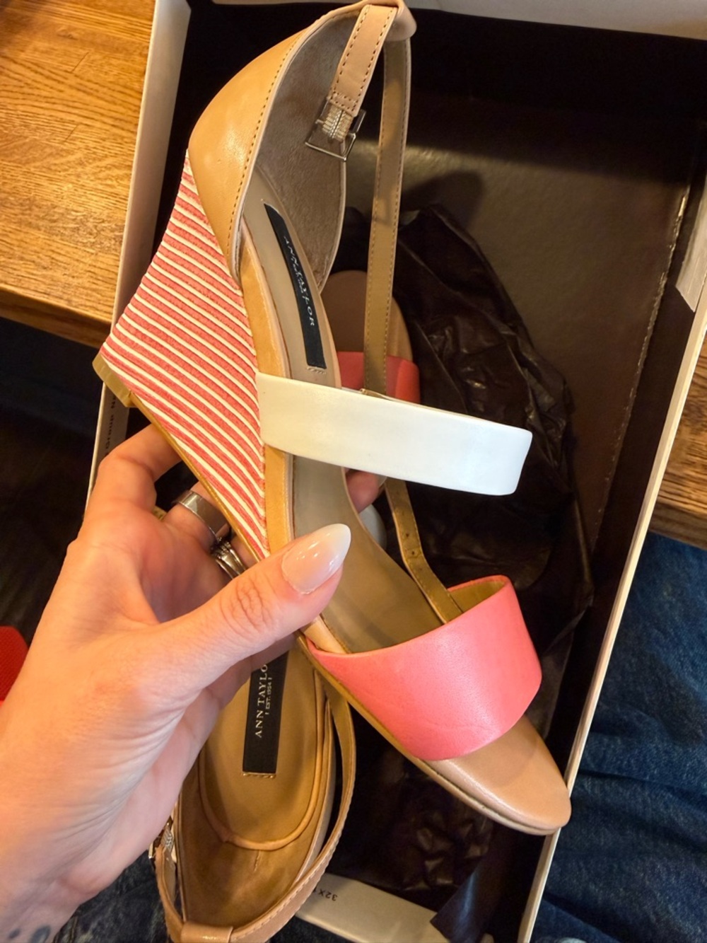 Ann Taylor Coral, White & Tan Striped Wedge Sandals